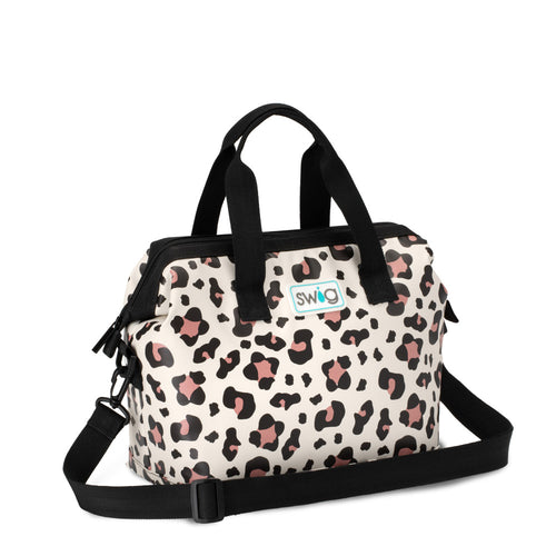 Swig Life Luxy Leopard Insulated Packi 12 Cooler with zip enclosure, top handle, and shoulder strap