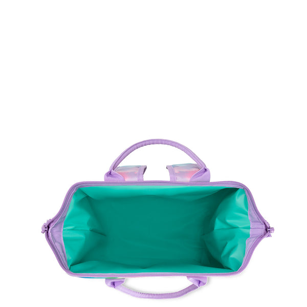 Swig Life Cloud Nine Packi Backpack Cooler shown open from the top with aqua insulated liner