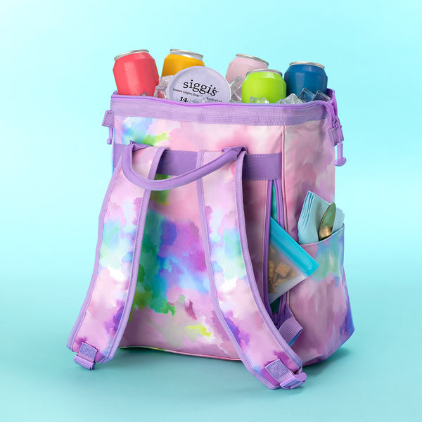Swig Life Cloud Nine Insulated Packi Backpack Cooler filled with ice and cans on an aqua background