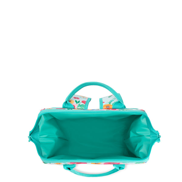Swig Life Island Bloom Packi Backpack Cooler shown open from the top with aqua insulated liner