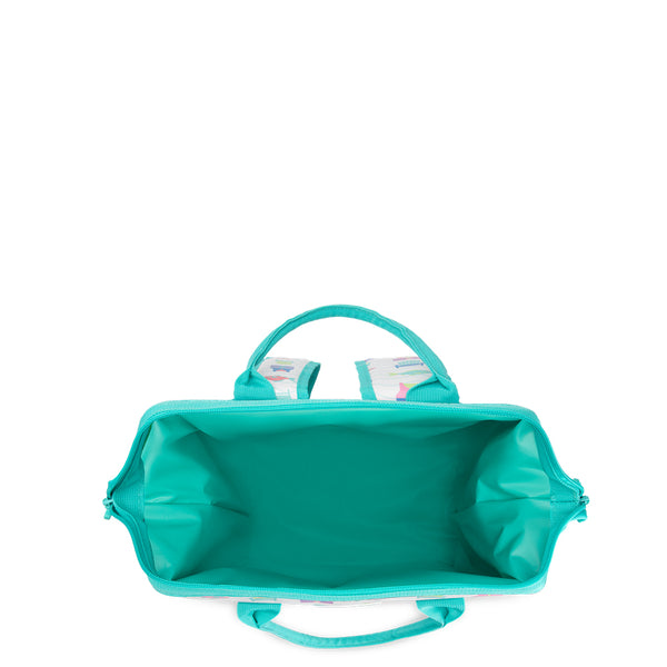 Swig Life Lake Girl Packi Backpack Cooler shown open from the top with aqua insulated liner