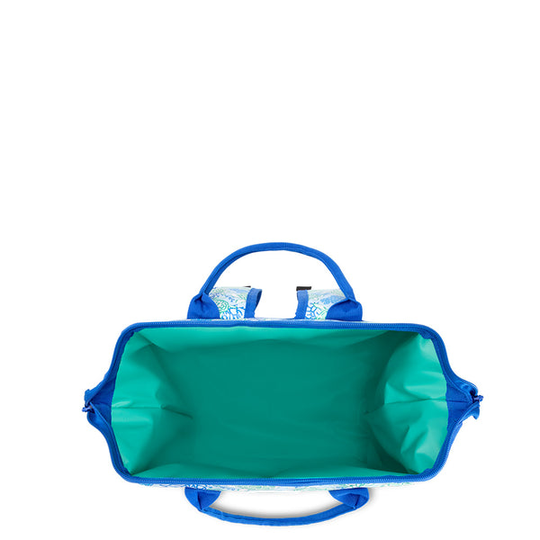 Swig Life Shell Yeah Packi Backpack Cooler shown open from the top with aqua insulated liner