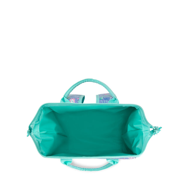 Swig Life Under the Sea Packi Backpack Cooler shown open from the top with aqua insulated liner