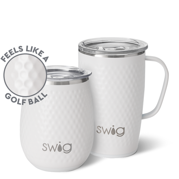 Swig Life Golf Partee AM+PM Set including a 14oz Golf Partee Stemless Wine Cup and an 18oz Golf Partee Travel Mug