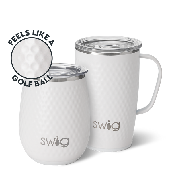 Swig Life Golf Partee AM+PM Set including a 14oz Golf Partee Stemless Wine Cup and an 18oz Golf Partee Travel Mug