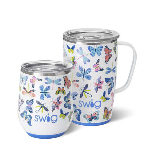 Swig Life Butterfly Bliss AM + PM Set including a 12oz Butterfly Bliss Stemless Wine Cup and an 18oz Butterfly Bliss Travel Mug