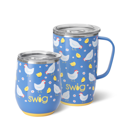 Swig Life Chicks Dig It AM + PM Set including a 12oz Chicks Dig It Stemless Wine Cup and an 18oz Chicks Dig It Travel Mug