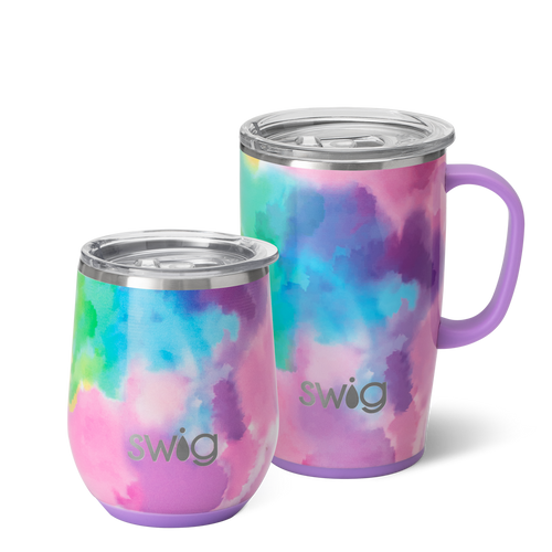 Swig Life Cloud Nine AM + PM Set including a 12oz Cloud Nine Stemless Wine Cup and an 18oz Cloud Nine Travel Mug