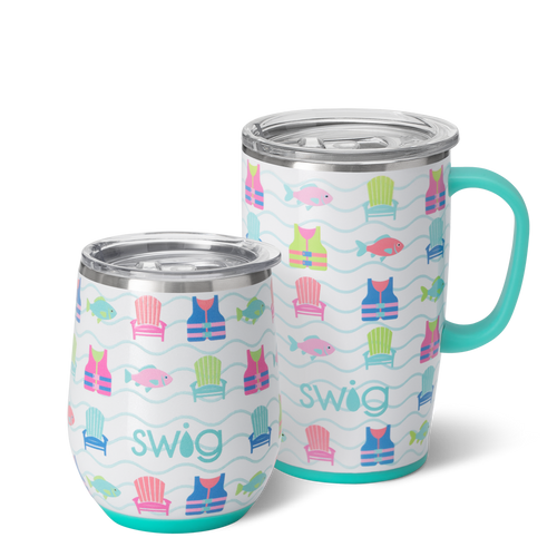 Swig Life Lake Girl AM + PM Set including a 12oz Lake Girl Stemless Wine Cup and an 18oz Lake Girl Travel Mug