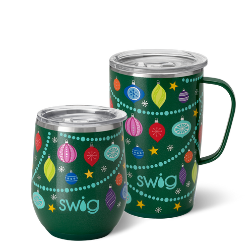 Swig Life O Christmas Tree AM+PM Set including a 12oz O Christmas Tree Stemless Wine Cup and an 18oz O Christmas Tree Travel Mug