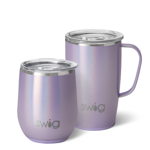 Swig Life Pixie AM + PM Set including a 12oz Pixie Stemless Wine Cup and an 18oz Pixie Travel Mug