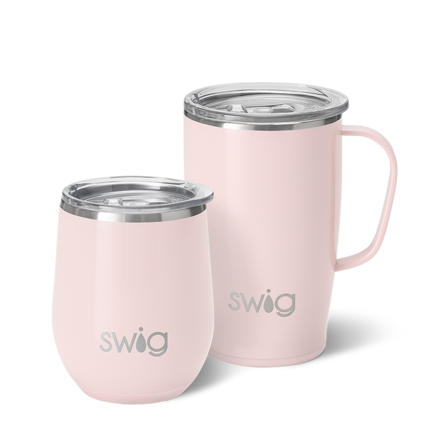 Swig Life Shimmer Ballet AM+PM Set including a 12oz Shimmer Ballet Stemless Wine Cup and an 18oz Shimmer Ballet Travel Mug