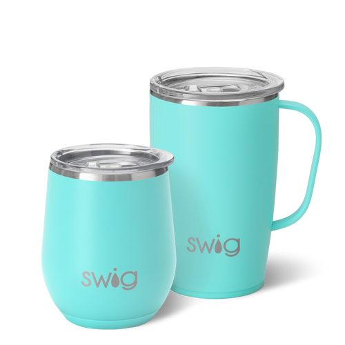 Swig Life Aqua AM+PM Set including a 14oz Aqua Stemless Wine Cup and an 18oz Aqua Travel Mug