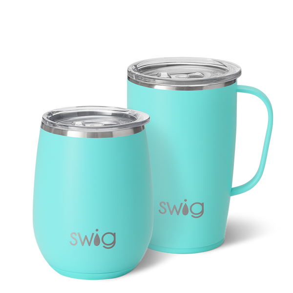 Swig Life Aqua AM+PM Set including a 14oz Aqua Stemless Wine Cup and an 18oz Aqua Travel Mug