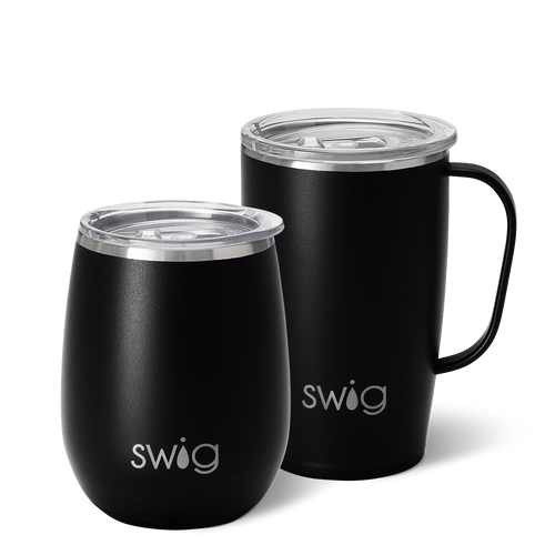 Swig Life Black AM+PM Set including a 14oz Black Stemless Wine Cup and an 18oz Black Travel Mug