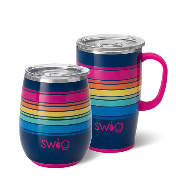 Swig Life Electric Slide AM+PM Set including a 14oz Electric Slide Stemless Wine Cup and an 18oz Electric Slide Travel Mug