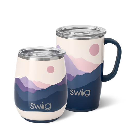 Swig Life Moon Shine AM+PM Set including a 14oz Moon Shine Stemless Wine Cup and an 18oz Moon Shine Travel Mug