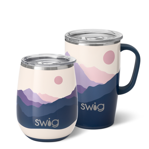 Swig Life Moon Shine AM+PM Set including a 14oz Moon Shine Stemless Wine Cup and an 18oz Moon Shine Travel Mug