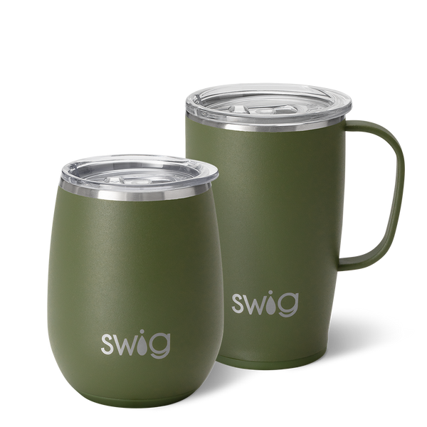 Swig Life Olive AM+PM Set including a 14oz Olive Stemless Wine Cup and an 18oz Olive Travel Mug