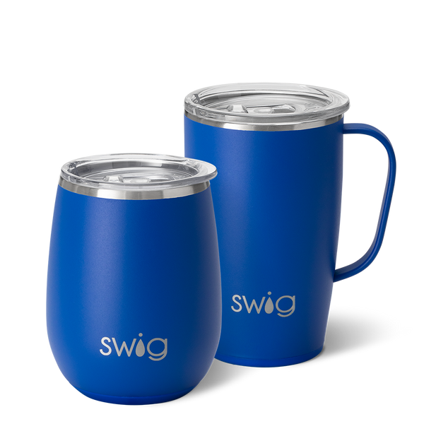 Swig Life Royal AM+PM Set including a 14oz Royal Stemless Wine Cup and an 18oz Royal Travel Mug
