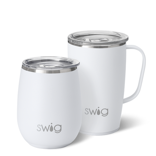 Swig Life White AM+PM Set including a 14oz White Stemless Wine Cup and an 18oz White Travel Mug