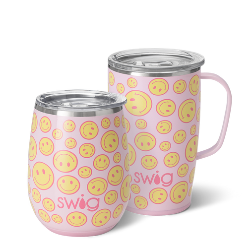 Swig Life Oh Happy Day AM + PM Set including a 14oz Oh Happy Day Stemless Wine Cup and an 18oz Oh Happy Day Travel Mug