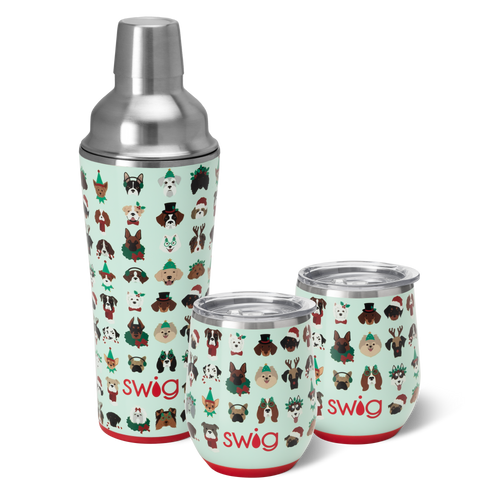Swig Life Happy Howlidays Cocktail Shaker Set featuring an insulated 22oz Tumbler, two 12oz stemless Wine Cups and a Cocktail Shaker Lid