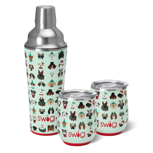 Swig Life Happy Howlidays Cocktail Shaker Set featuring an insulated 22oz Tumbler, two 12oz stemless Wine Cups and a Cocktail Shaker Lid