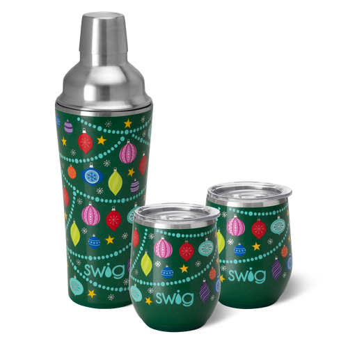 Swig Life O Christmas Tree Cocktail Shaker Set featuring an insulated 22oz Tumbler, two 12oz stemless Wine Cups and a Cocktail Shaker Lid