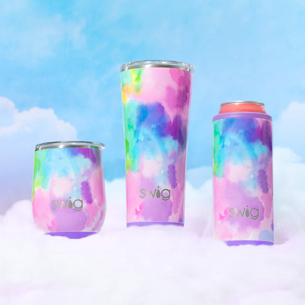 Swig Life Cloud Nine Insulated Stainless Steel Drinkware collection on a cloud over a blue sky