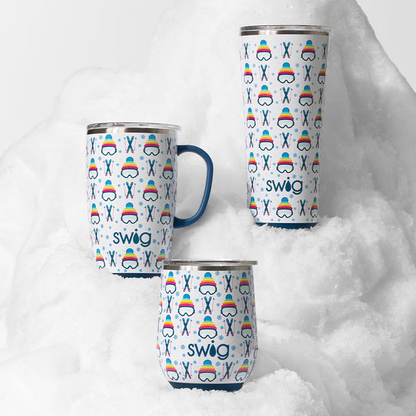 Swig Life Insulated Apres Ski drinkware collection on a snowy white background