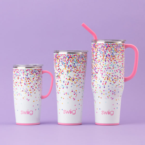 Swig Life Insulated Stainless Steel Confetti Drinkware collection on a purple background
