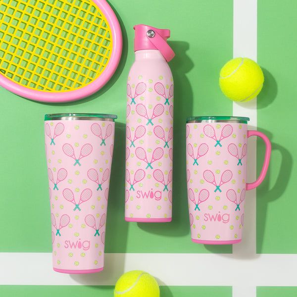 Swig Life Insulated 22oz Travel Mug, 32oz Tumbler, and  20oz Water Bottle in Love All surrounded by tennis balls