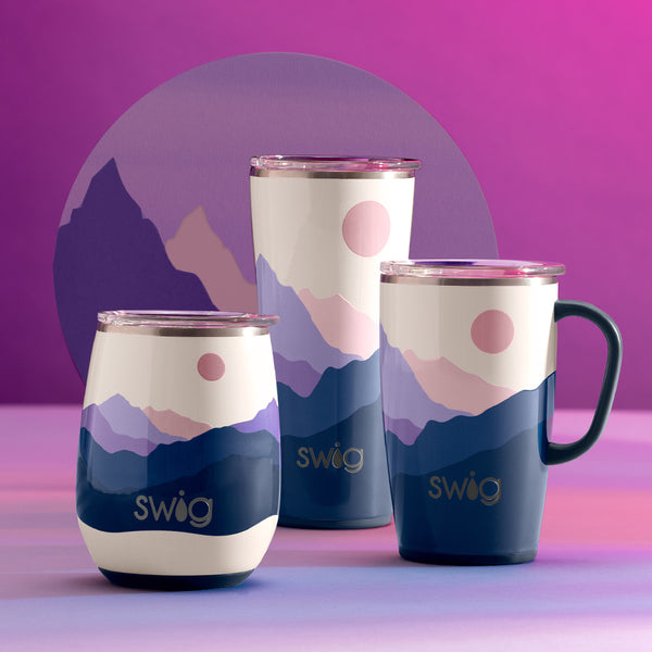 Swig Life Insulated Moon Shine Drinkware collection on a purple moon background