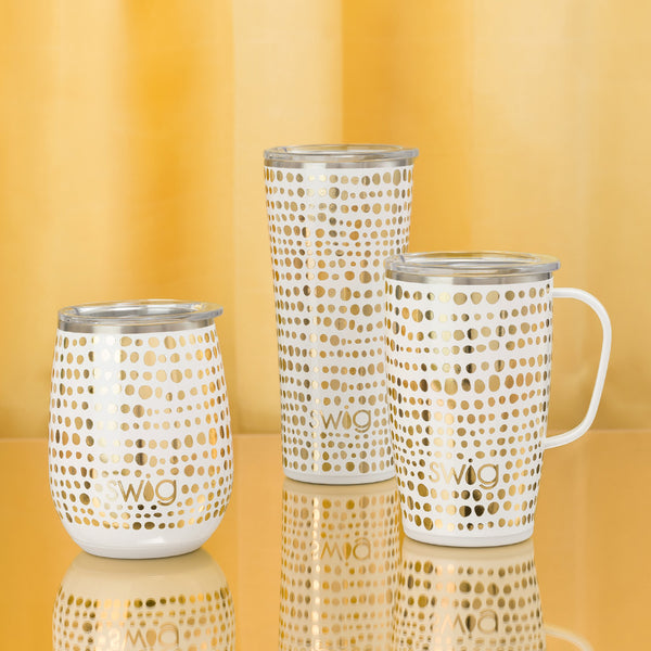 Swig Life Glamazon Gold Insulated Stainless Steel Drinkware collection on a gold background