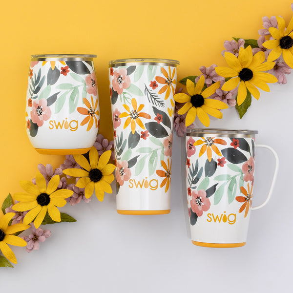 Swig Life Honey Meadow Insulated Drinkware collection on a yellow and white background with flowers
