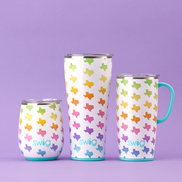 Swig Life Texas Insulated Stainless Steel Drinkware collection over a purple background