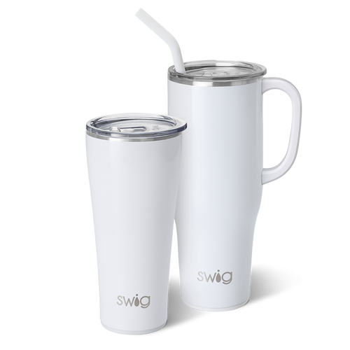 Swig Life Shimmer White Mega Set including a 32oz Shimmer White Tumbler and a 40oz Shimmer White Mega Mug