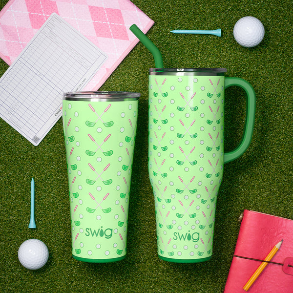 Swig Life Tee Time Insulated Mega Set on a green grassy background with golf tees and balls