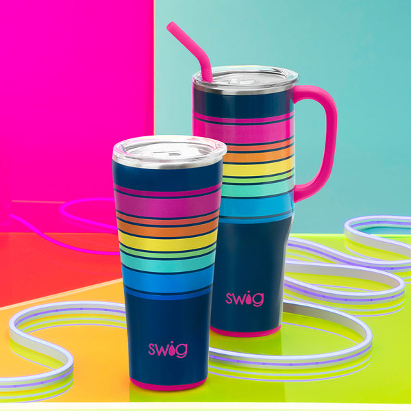 Swig Life Electric Slide Insulated Mega Set on a bright colorful background surrounded by led lights