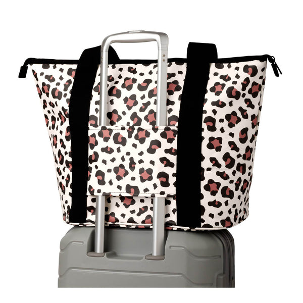Swig Life Luxy Leopard Zippi Tote Bag back view on luggage trolley