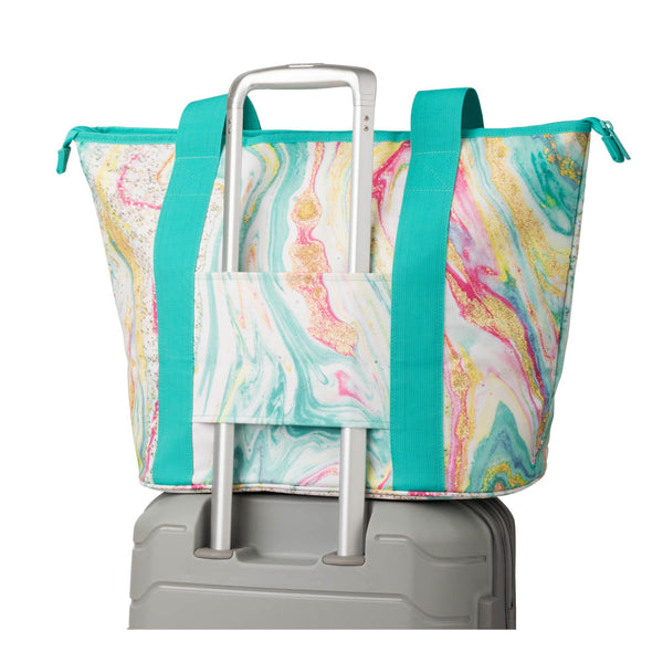 Swig Life Insulated Wanderlust Zippi Tote Bag back view on luggage trolley