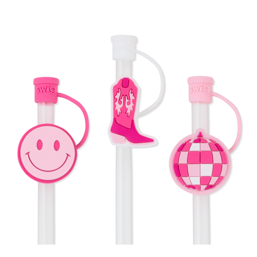 Swig Life Let's Go Girls Straw Topper Set Animation showing silicone caps coming on and off of straws