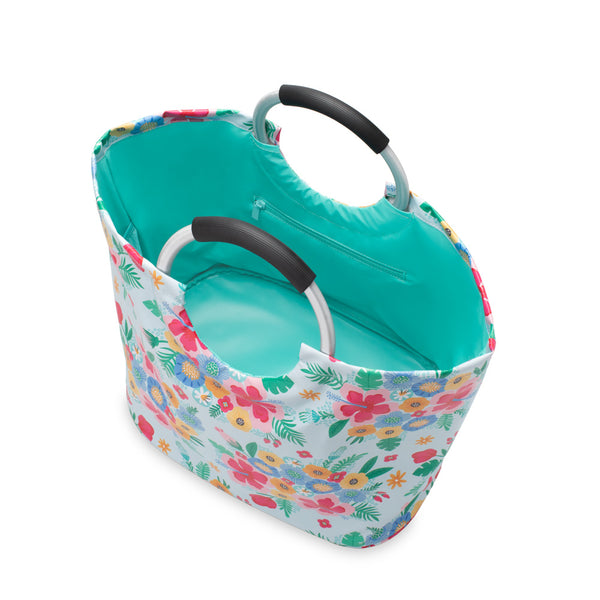 Swig Life Island Bloom Loopi Tote Bag open view from the top with aqua insulated liner and inside zipper pocket