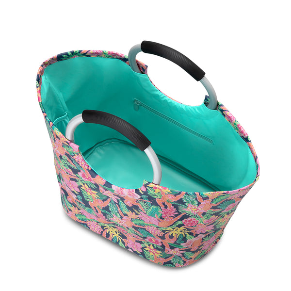 Swig Life Jungle Gym Loopi Tote Bag open view from the top with aqua insulated liner and inside zipper pocket