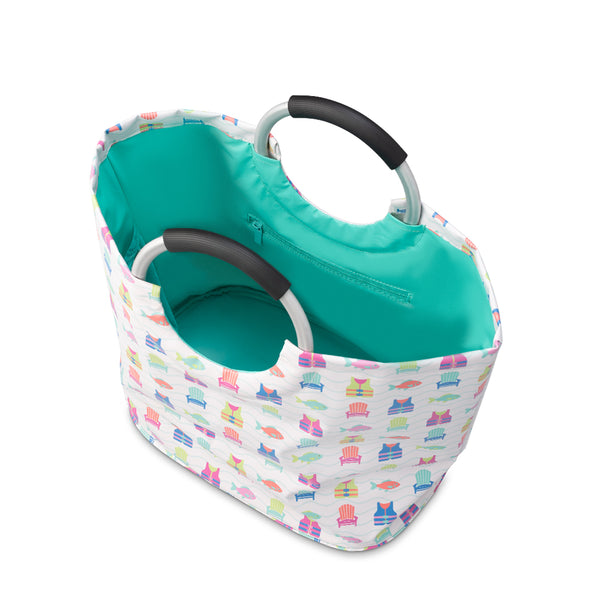 Swig Life Lake Girl Loopi Tote Bag open view from the top with aqua insulated liner and inside zipper pocket