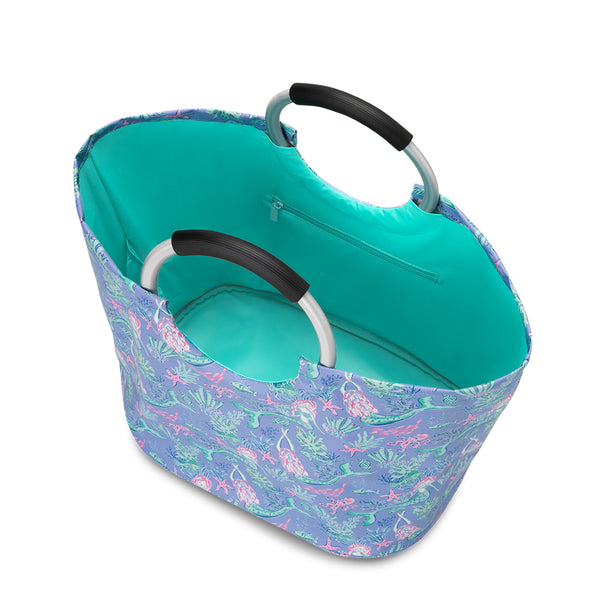 Swig Life Under the Sea Loopi Tote Bag open view from the top with aqua insulated liner and inside zipper pocket
