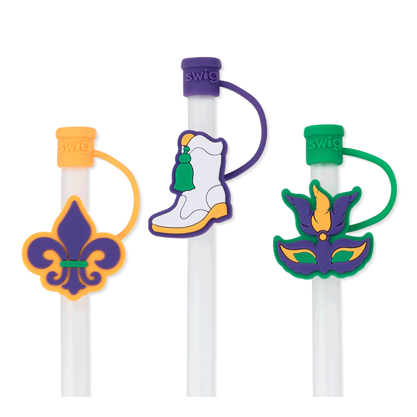 Swig Life Mardi Gras Straw Topper Set Animation showing silicone caps coming on and off of straws