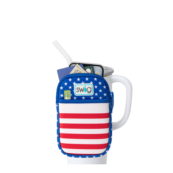 Swig Life All American Neoprene Mega Mug Pouch with two pockets containing daily essentials