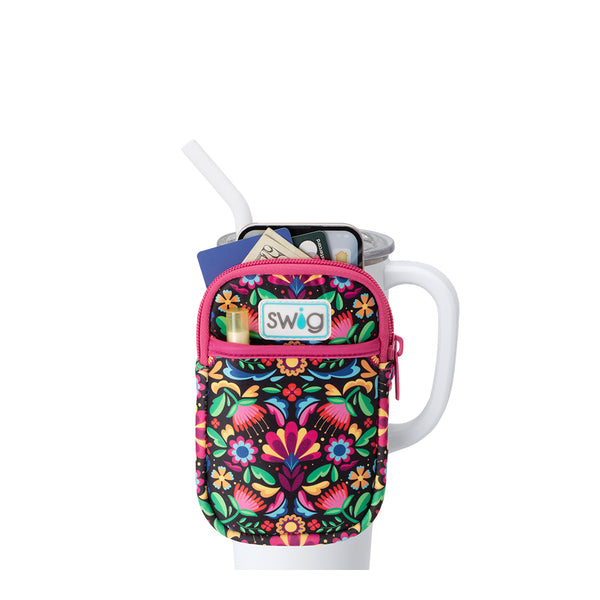 Swig Life Caliente Neoprene Mega Mug Pouch with two pockets containing daily essentials